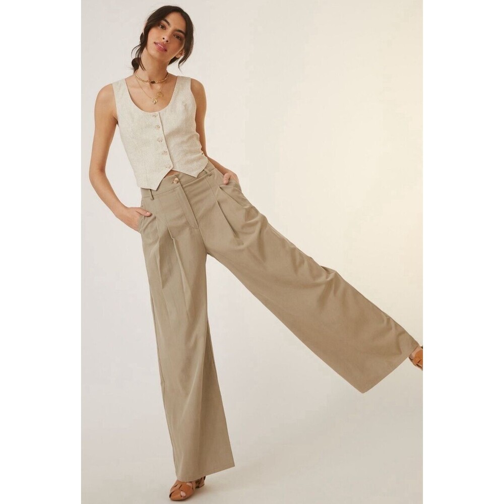 Anthropologie‎ Amadi Pleated Wide Leg Pants Women's Size Large Tan Career Boho
